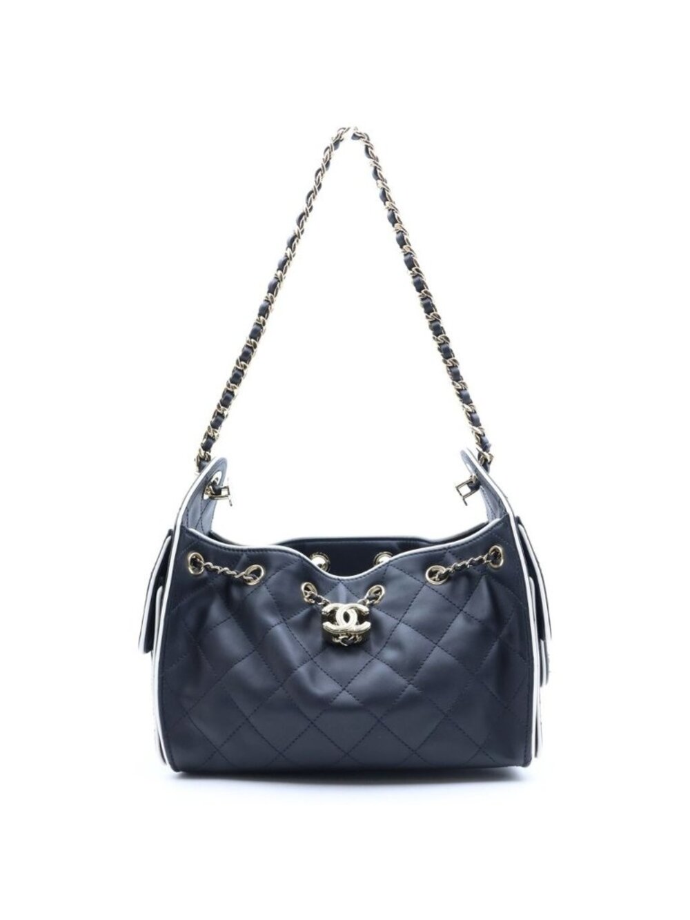 Chanel 25 Mini Chain Shoulder Bag Black Lambskin Plate Gold
